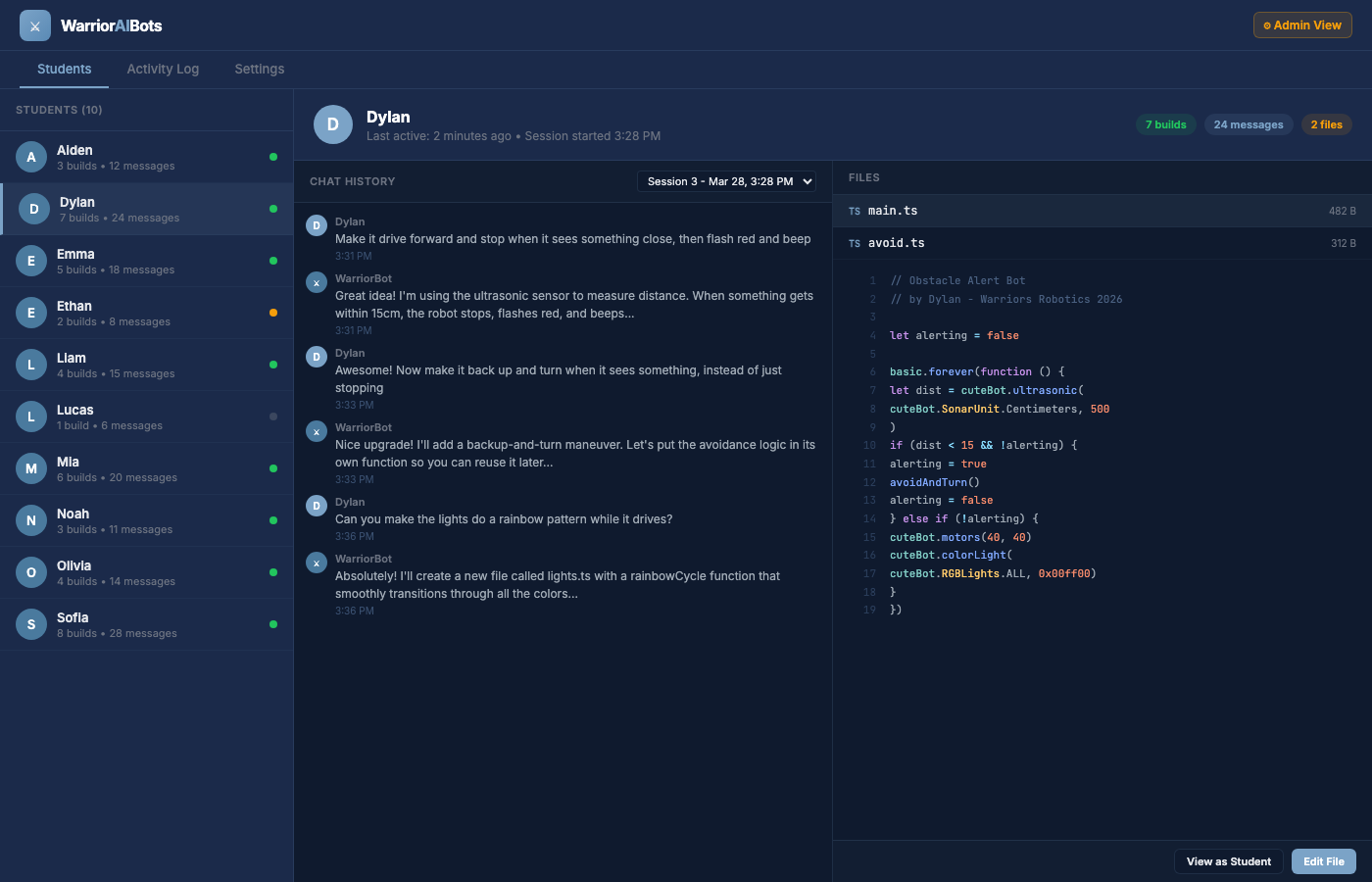 WarriorBots.AI admin panel showing student list, chat history, and code viewer