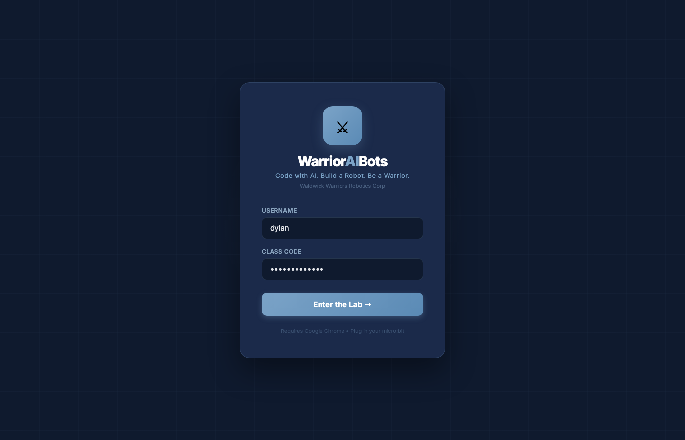 WarriorBots.AI login page with Spartan helmet logo, username and class code fields