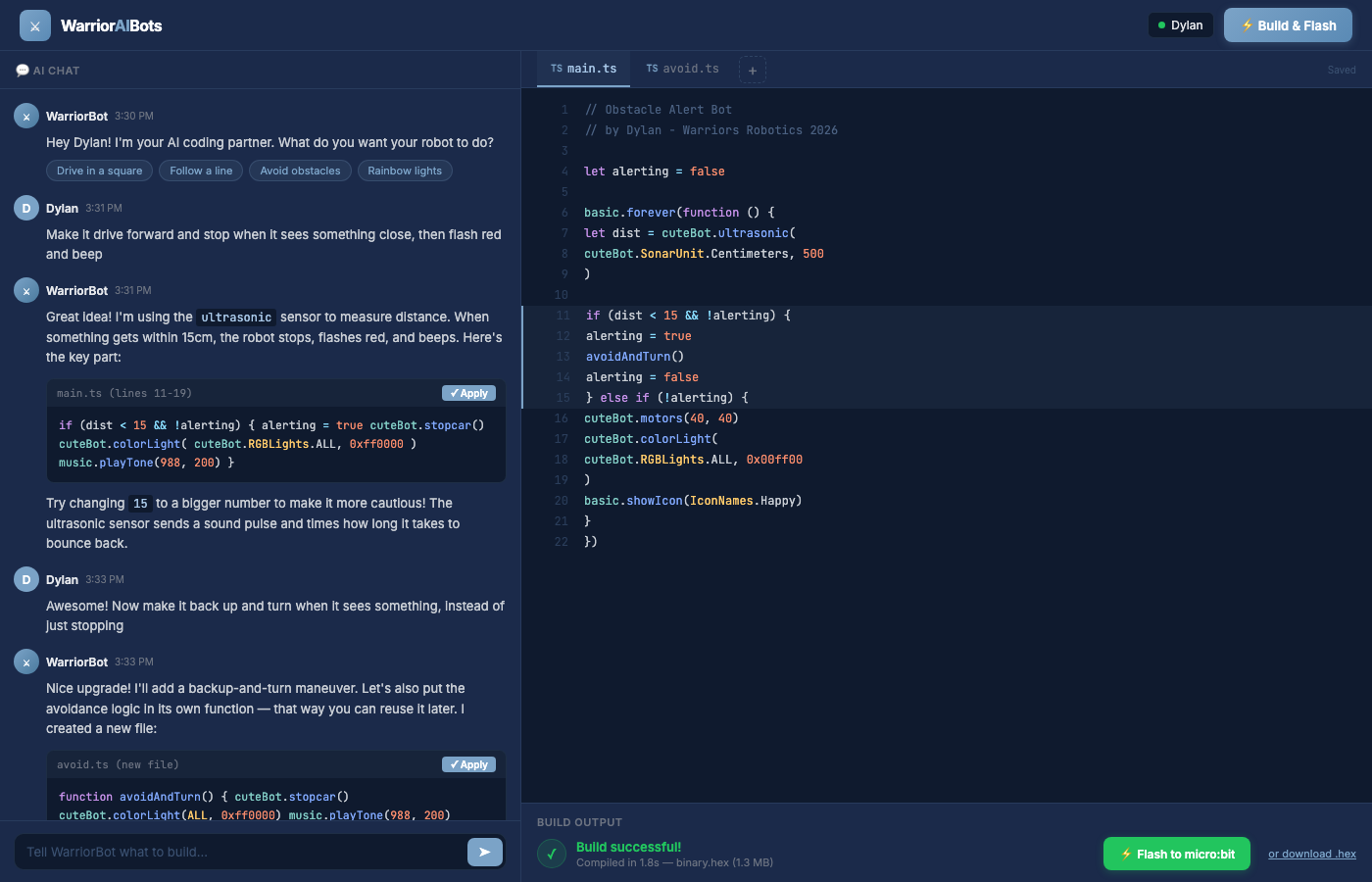 WarriorBots.AI main workspace showing AI chat on the left and Monaco code editor on the right