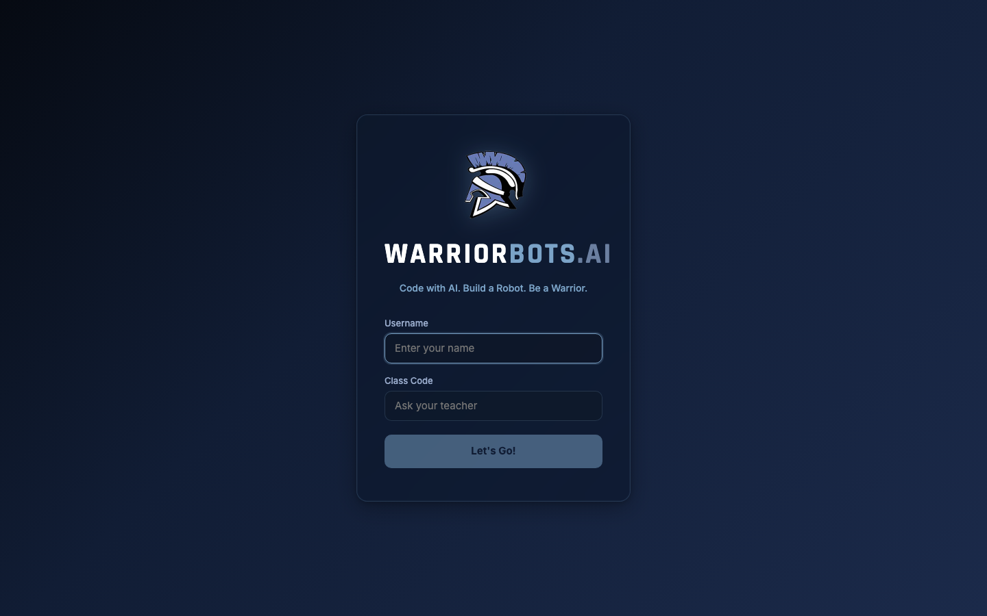 WarriorBots login screen with username and class code fields