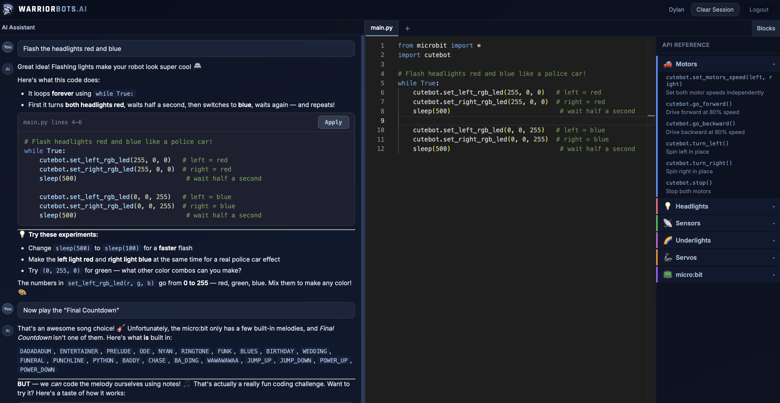 WarriorBots workspace showing AI chat alongside Python code editor